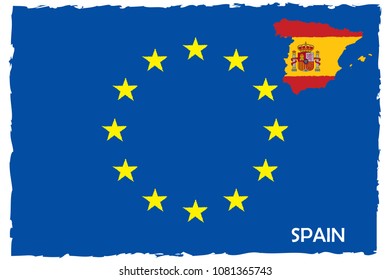 European Union Flag & Spain Map With Flag. EU Member. Hand Painted with Brush. Vector Illustration.