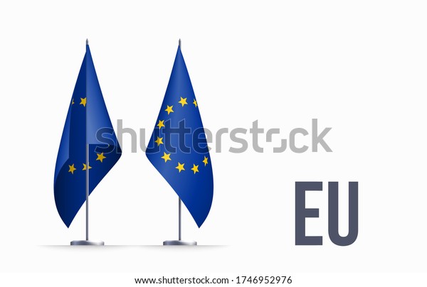 European Union flag state symbol isolated on\
national banner. Greeting card political and economic union of 27\
member states that are located primarily in Europe. Illustration\
banner realistic EU\
flag