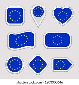 The European Union flag stickers set. EU national symbols badges. Isolated geometric icons. . Vector official flags collection. Sport pages, travel, school, design elements. Different shapes