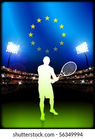 European Union Flag and Tennis Player on Stadium Background Original Illustration