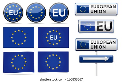 European union flag, traffic board, banner and symbols collection with shadow on white background. EU set.