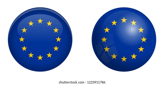 European Union flag under 3d dome button and on glossy sphere / ball.
