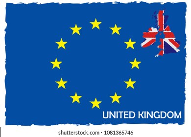 European Union Flag & United Kingdom Map With Flag. EU Member. Hand Painted with Brush. Vector Illustration.