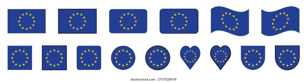 European Union Flag Vector Set Multiple Shapes and Icons Collection.