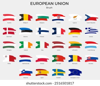 Bandeiras da União Europeia com tinta de pincel texturizada. Bandeiras da UE, ícones grunge. 