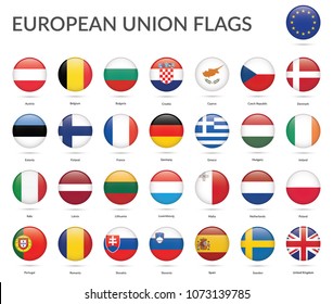 European Union flags collection - round glossy. Vector EPS10 illustration.