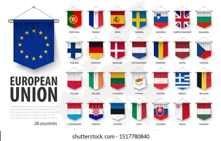 European union flags and membership . 3D realistic pennant hanging design . White isolated background and europe map . Vector .