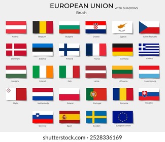 Flaggen der Europäischen Union mit Schatten. Rechteck EU-Flaggen, Knöpfe. 