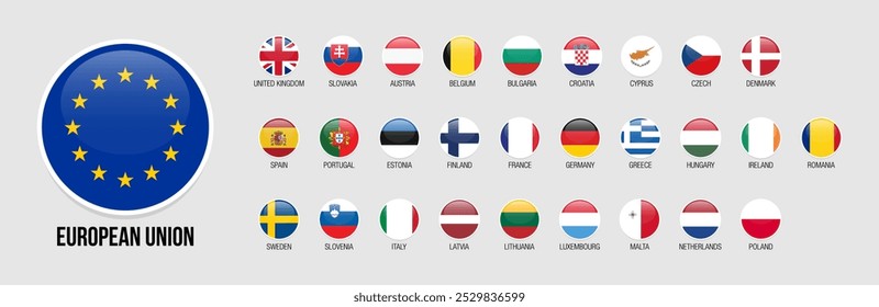 Conjunto de ícones de vetor de sinalizadores da União Europeia. Bandeiras dos países da União Europeia