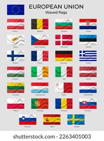 European union flags. Wavy EU flags. European nation, set of flags. Europa flags, symbol.