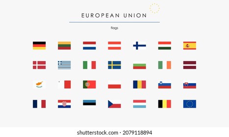 European Union flat flags illustration. Set of European Union flags, rectangular icons, European countries, and emblem vector. National sign of state icon isolated on white. Political design elements