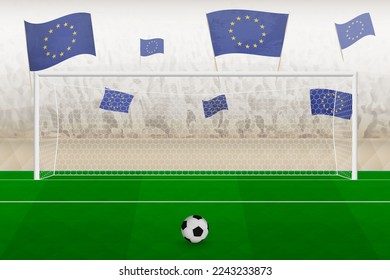 European Union football team fans with flags of European Union cheering on stadium, penalty kick concept in a soccer match. Sports vector illustration.