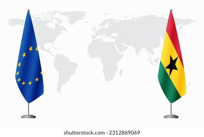 European Union and Ghana flags for official meeting against background of world map.