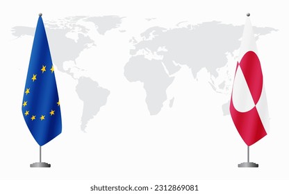 European Union and Greenland flags for official meeting against background of world map.