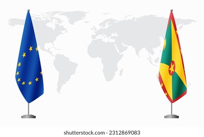 European Union and Grenada flags for official meeting against background of world map.