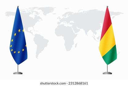 European Union and Guinea flags for official meeting against background of world map.