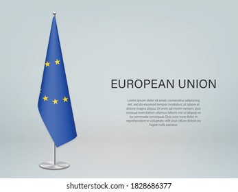 Bandera colgante de la Unión Europea en el estrado. Plantilla para banner de conferencia política