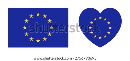 European Union heart, rectangular flag icons set. Flag of EU, yellow stars on blue heart shaped, rectangle stickers. European Union flag push button, badge, background.	