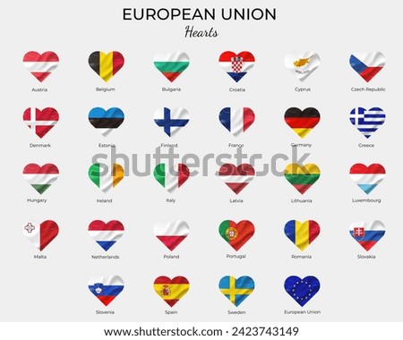 European union heart shape flags. Grunge vintage texture. Button EU flags. Europa flags, icons.