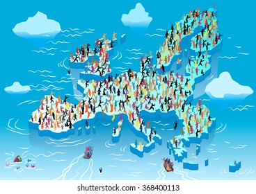 The European Union - ice field with refugees in cold water. Social problem theme vector illustration.