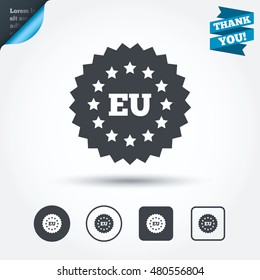 European union icon. EU stars symbol. Circle and square buttons. Flat design set. Thank you ribbon. Vector