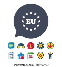 European union icon. EU stars symbol. Information, Report and Speech bubble signs. Binoculars, Service and Download, Stars icons. Vector
