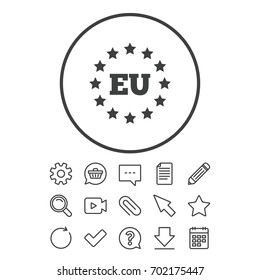 European union icon. EU stars symbol. Document, Chat and Paper clip line signs. Question, Pencil and Calendar line icons. Star, Download and Shopping cart. Vector