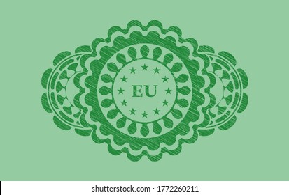 european union icon inside Green stroke realistic badge. Eco exquisite background. Illustration. 