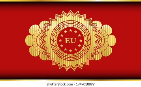 european union icon inside Red color and Gold emblem. Traditional delicate background. Artistic illustration. 