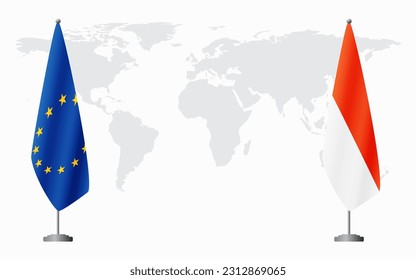 European Union and Indonesia flags for official meeting against background of world map.