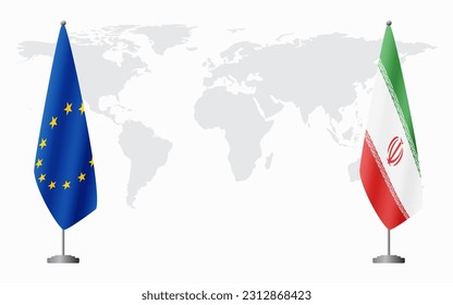 European Union and Iran flags for official meeting against background of world map.