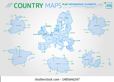 European Union, Ireland, Spain, Denmark, Poland and Germany Vector Maps
