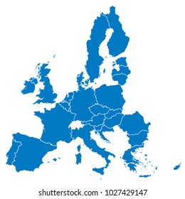 European Union, isolated on white background, with all single countries. All 28 EU members, colored in blue. Political and economic union in Europe. Illustration. Vector.