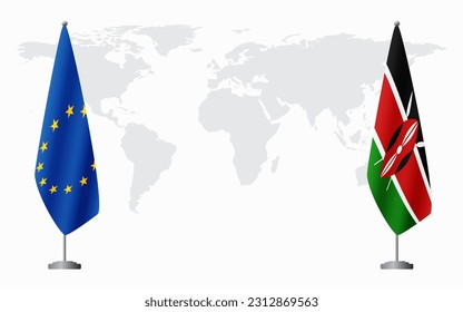 European Union and Kenya flags for official meeting against background of world map.