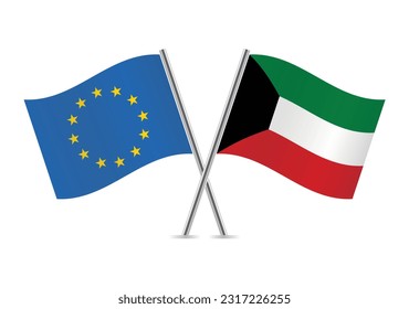 European Union and Kuwait crossed flags. EU and Kuwaiti flags on white background. Vector icon set. Vector illustration.