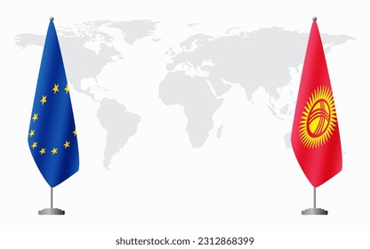 European Union and Kyrgyzstan flags for official meeting against background of world map.