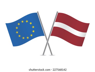 European Union and Latvia crossed flags. EU and Latvian flags on white background. Vector icon set. Vector illustration.