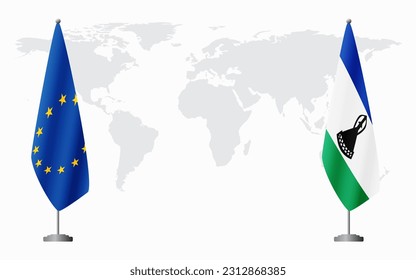 European Union and Lesotho flags for official meeting against background of world map.