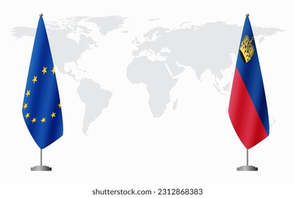 European Union and Liechtenstein flags for official meeting against background of world map.