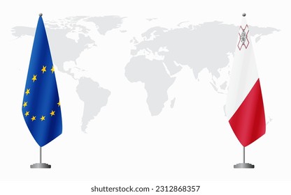 European Union and Malta flags for official meeting against background of world map.