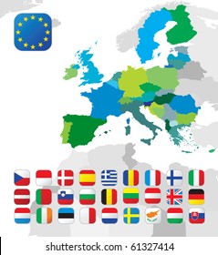 The European Union map and all the EU countries flags