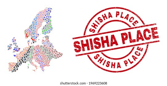 European Union map collage and scratched Shisha Place red round stamp imitation. Shisha Place stamp uses vector lines and arcs. European Union map collage contains gears, houses, screwdrivers, bugs,