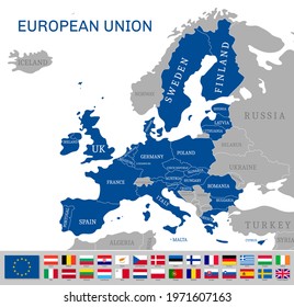 European Union map and country flags set. Political map with European country borders, association of 28 member states national flags vector illustration