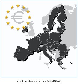 European Union map with Euro symbol in half tone.