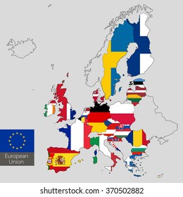 European Union map with flags. Illustration on gray background