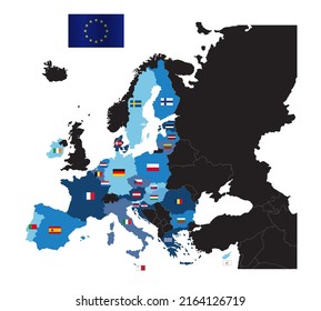 European Union map with flags of member countries without the United Kingdom. Map of European Union after Brexit