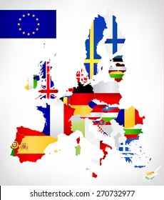 European Union map with flags.Vector map of the European Union with flags and location on a world map. All European Union countries member.