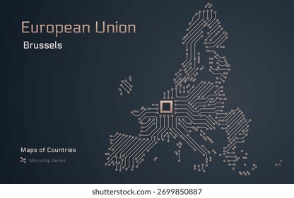 European Union map in microchip pattern with Brussels as the central chip