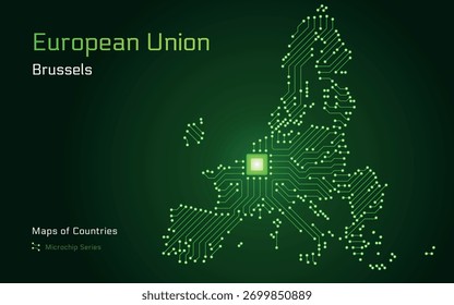 Karte der Europäischen Union im Mikrochip-Muster mit Brüssel als Zentralchip