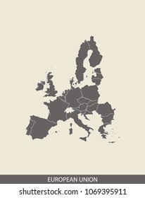 European Union map outline vector illustration in gray background. Borders of all countries are included on this map.